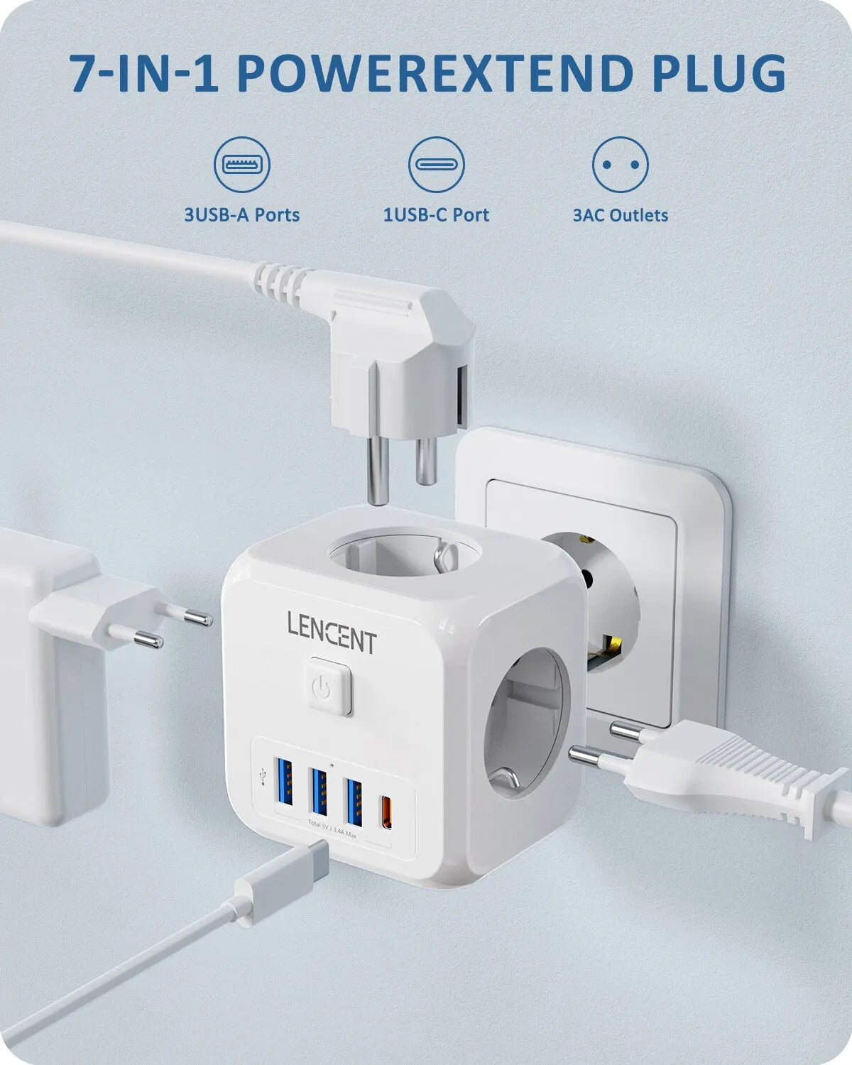 7-in-1 EU Wall Socket Extender - 3 AC Outlets, 3 USB-A & 1 USB-C with On/Off Switch