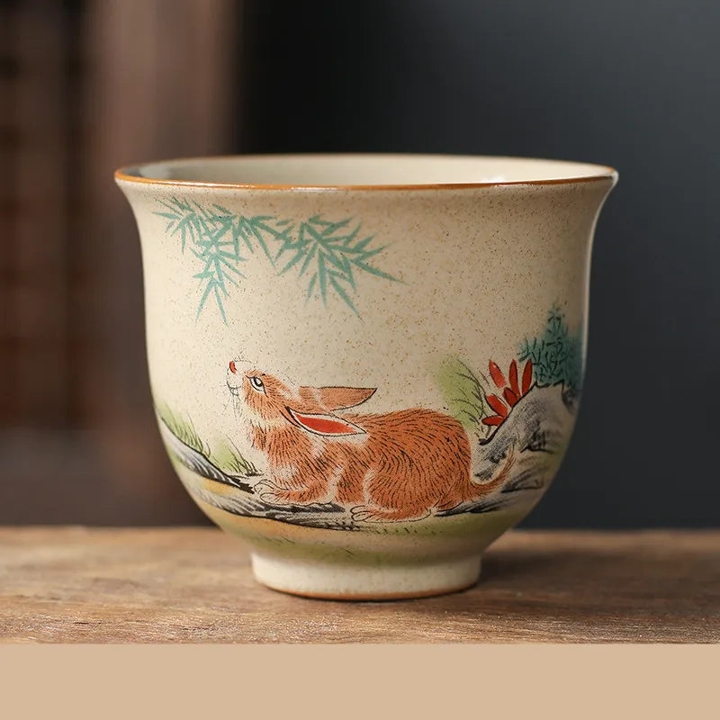 Handmade Zodiac Ceramic Teacup 110ml (3.7 fl oz) Vintage Pottery Tea Bowl for Meditation & Gongfu Tea