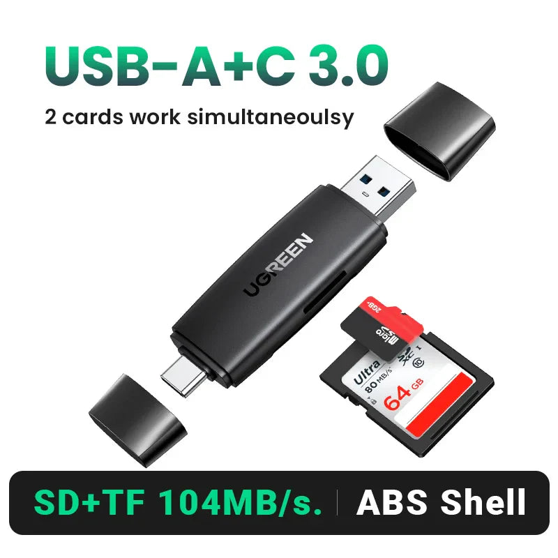 USB 3.0 Card Reader – SD & MicroSD Dual Slot Adapter, USB-A 5Gbps, Simultaneous Read/Write, Up to 2TB