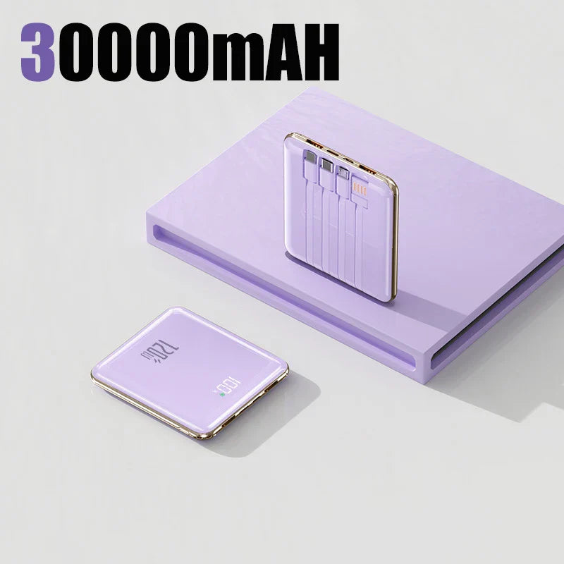 50000mAh Mini Power Bank - Large Capacity Fast Charging Portable Charger with 4 Built-In Cables (USB-C, Lightning, Micro USB) for Smartphones