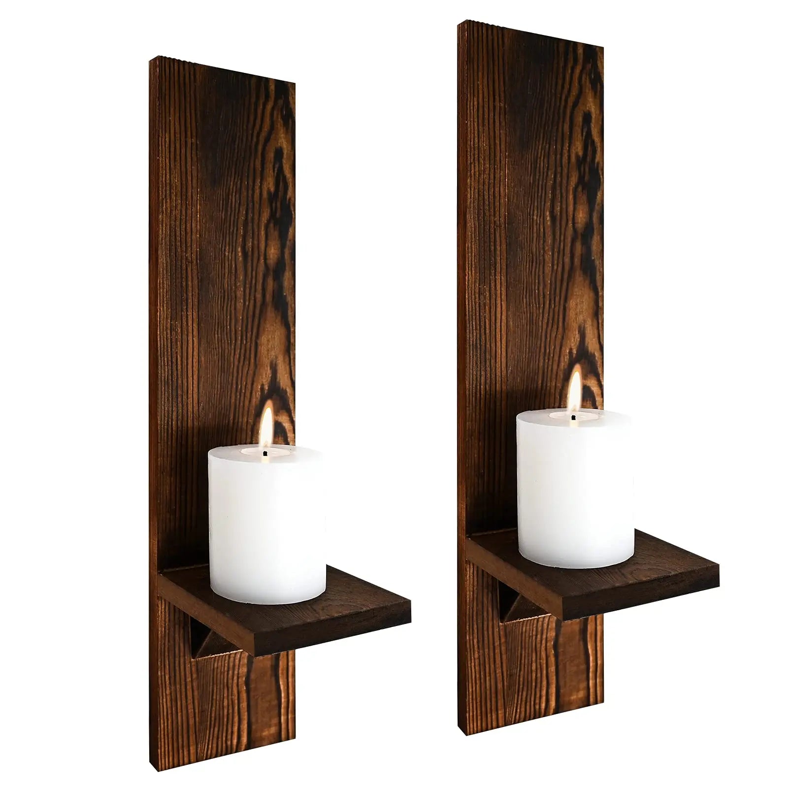 Set of 2 Wooden Wall Candle Sconces 15 in x 3.5 in x 4.3 in (38.1 x 8.9 x 10.9 cm) Rustic Wall-Mount Pillar Candle Holders