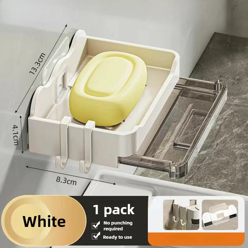 Wall-Mounted Free-Punch Soap & Sponge Holder, Double-Drain Plastic Soap Dish (11.3×8.3×4.1 cm | 4.45×3.27×1.61 in)