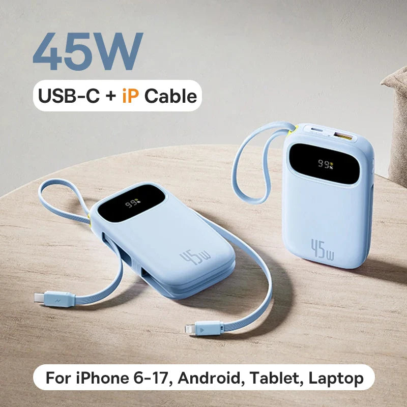 45W Power Bank – 10,000mAh & 20,000mAh Portable Charger with Built-in USB-C + Lightning Cables, USB-A Fast Charge