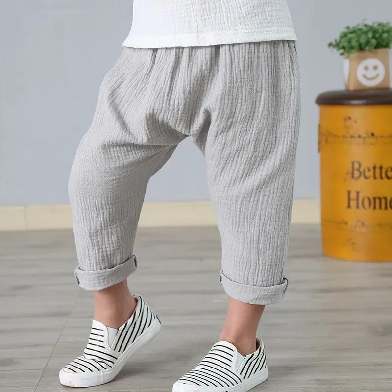 Kids Cotton Pleated Ankle-Length Pants – Toddler Boys Girls Casual Harem Trousers with Elastic Waist