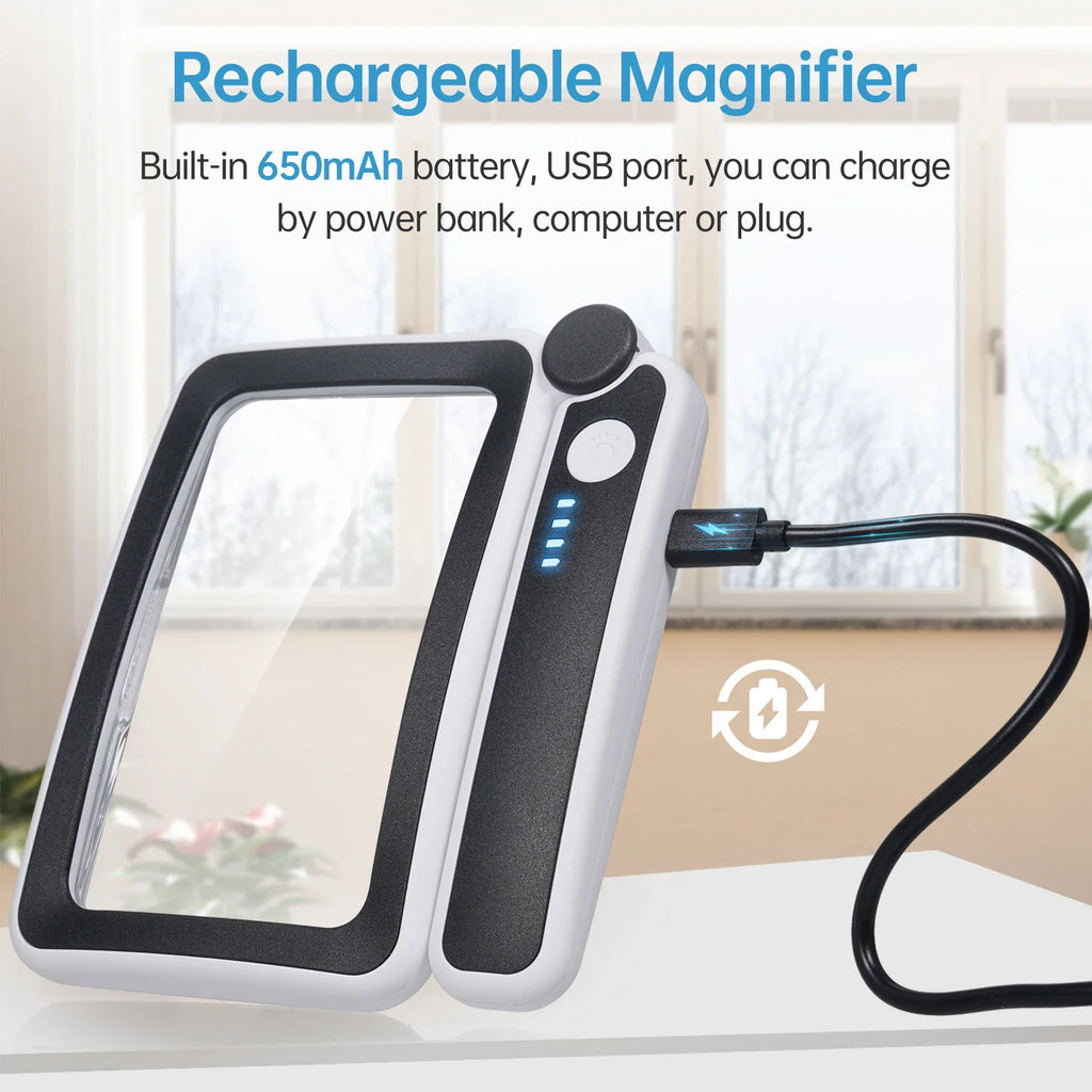 4X Rechargeable LED Handheld Magnifier, Wide Rectangular Reading Loupe with 10 LEDs and USB-C Charging