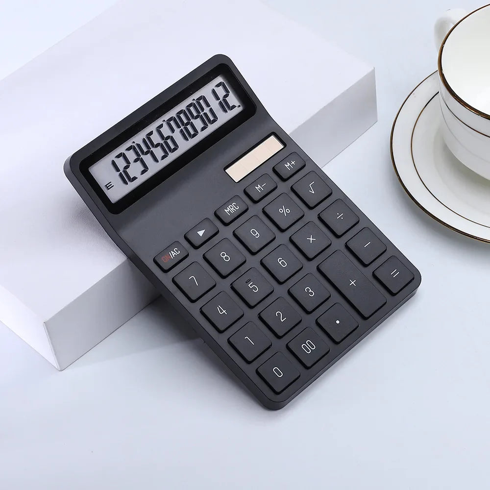 12-Digit Solar Calculator Dual Power (Solar + Coin Battery) — Portable Desktop Calculator for Office, School & Home