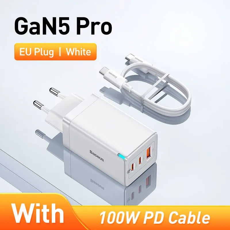 65W GaN Fast Charger – Dual USB-C + USB-A PD Quick Charger with 100W USB-C Cable for Laptop, Phone & Tablet