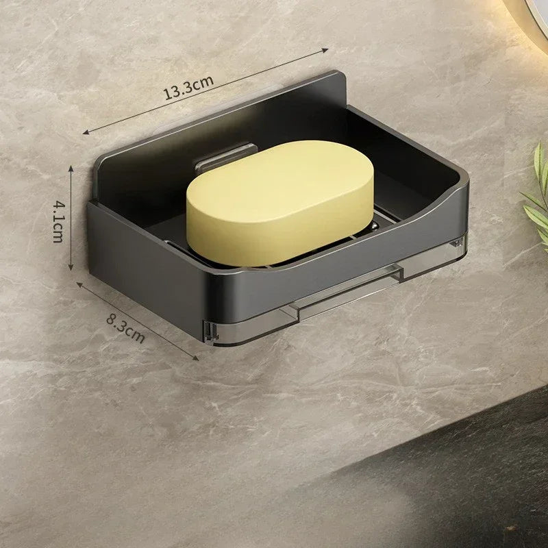 Wall-Mounted Free-Punch Soap & Sponge Holder, Double-Drain Plastic Soap Dish (11.3×8.3×4.1 cm | 4.45×3.27×1.61 in)