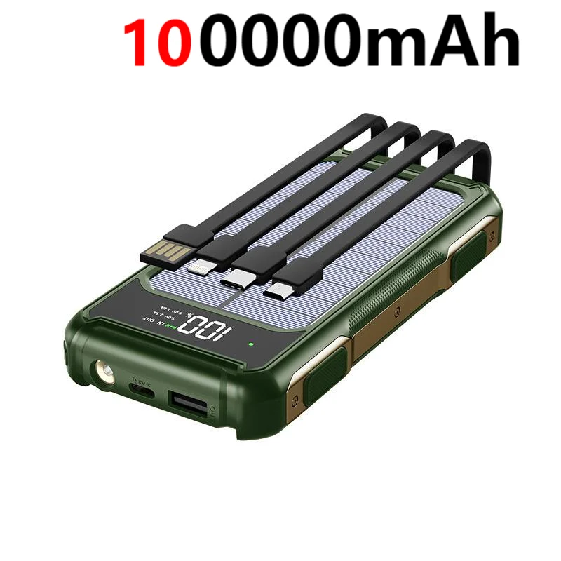 200000mAh Solar Power Bank — 4-in-1 Built-in Cables, Fast Charge, Digital Display & LED Emergency Light