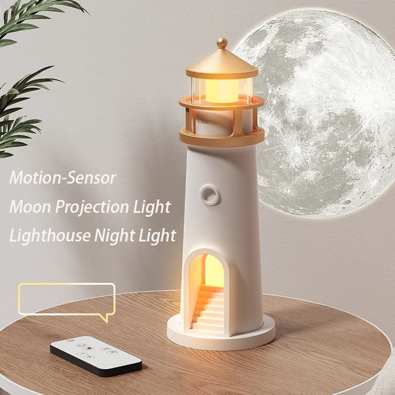 Moon Projection Night Light Lighthouse Lamp with Bluetooth Speaker, Remote & Motion Sensor — Ambient Bedroom & Kids Gift