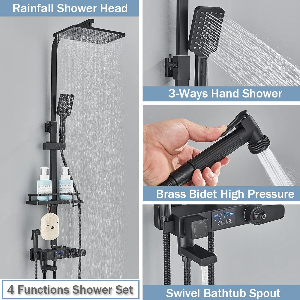 Black Digital Thermostatic Shower System 10-Inch (25.4 cm) Rainfall Head 4-Way Mixer with Digital Display, Slide Bar Shelf & Bidet Faucet