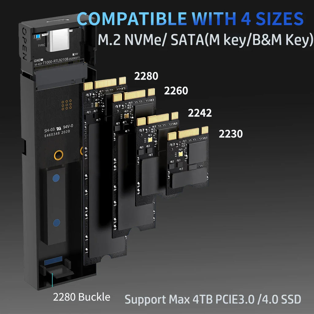 Dual-Protocol M.2 NVMe/SATA SSD Enclosure – USB 3.1 Gen2 10Gbps, Supports 2230/2242/2260/2280 (Type-C to C/A)