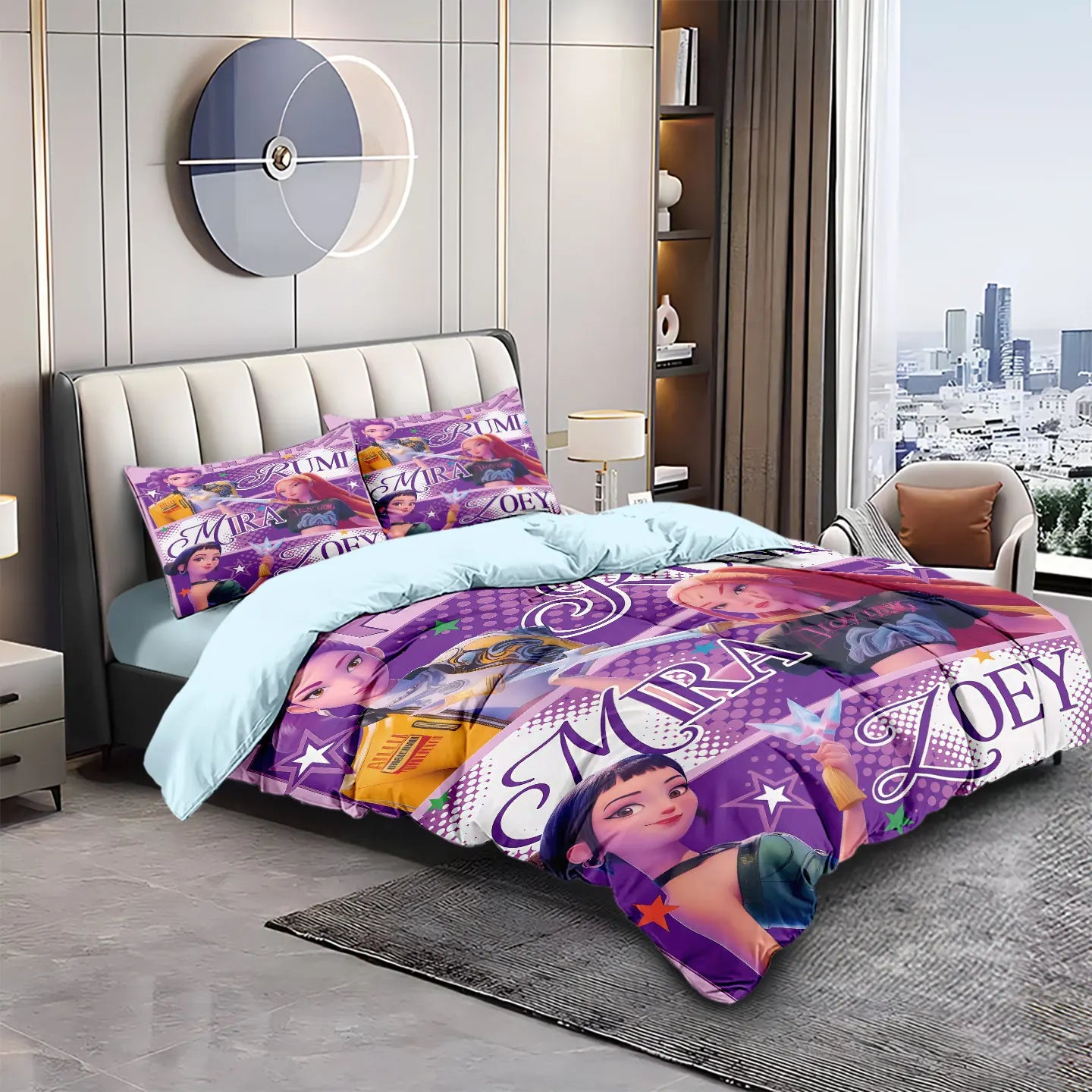 3-Piece K-Pop Cartoon Demon Hunters Girl Group Print Duvet Cover Set, Soft Microfiber, Machine Washable — Multiple Sizes 1.0–2.8m (39–110 in / 3.3–9 ft)