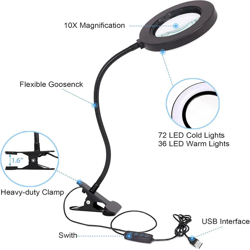 10X Clamp-On Gooseneck Magnifying Glass with 3-Color LED, 3.7 in (94 mm) Glass Lens for Reading, Nail Art & Crafts