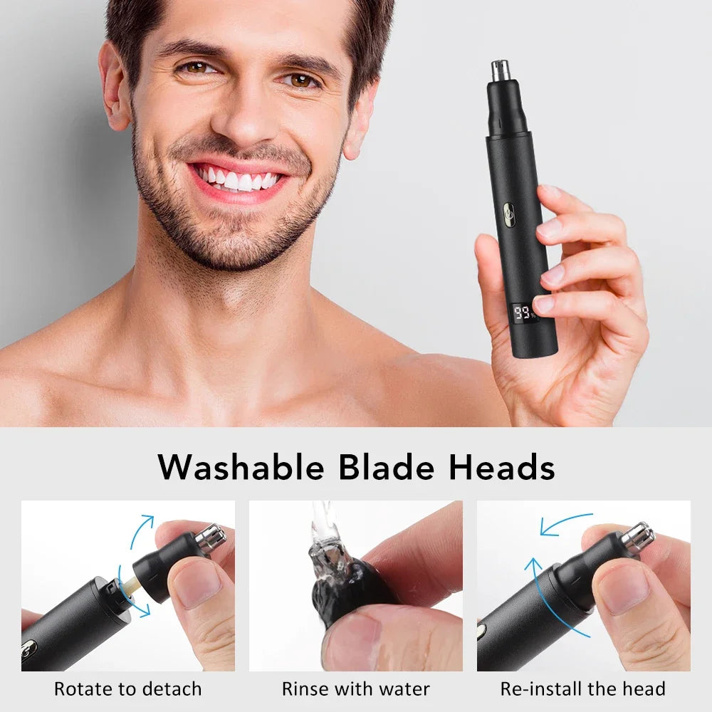 3-in-1 Rechargeable Nose Ear Eyebrow Trimmer for Men — USB Type-C, Digital Battery Display, 360° Rotary Painless Groomer