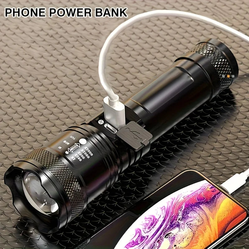 1600 Lumen LED Rechargeable Flashlight with Battery Indicator – USB Type-C Telescopic Zoom Torch, Waterproof for Camping, Fishing & Hiking