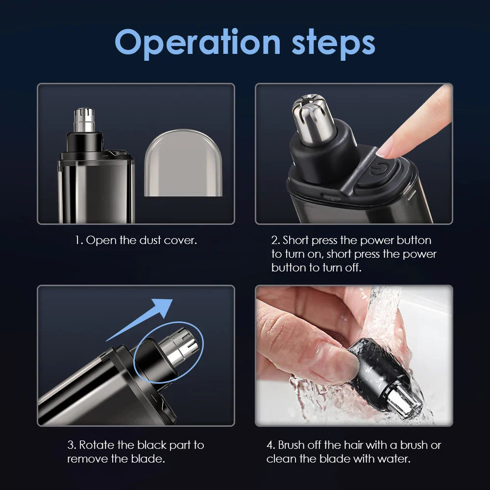 Portable USB-C Rechargeable Nose & Ear Hair Trimmer, 360° Safety Blade, Detachable Washable Head