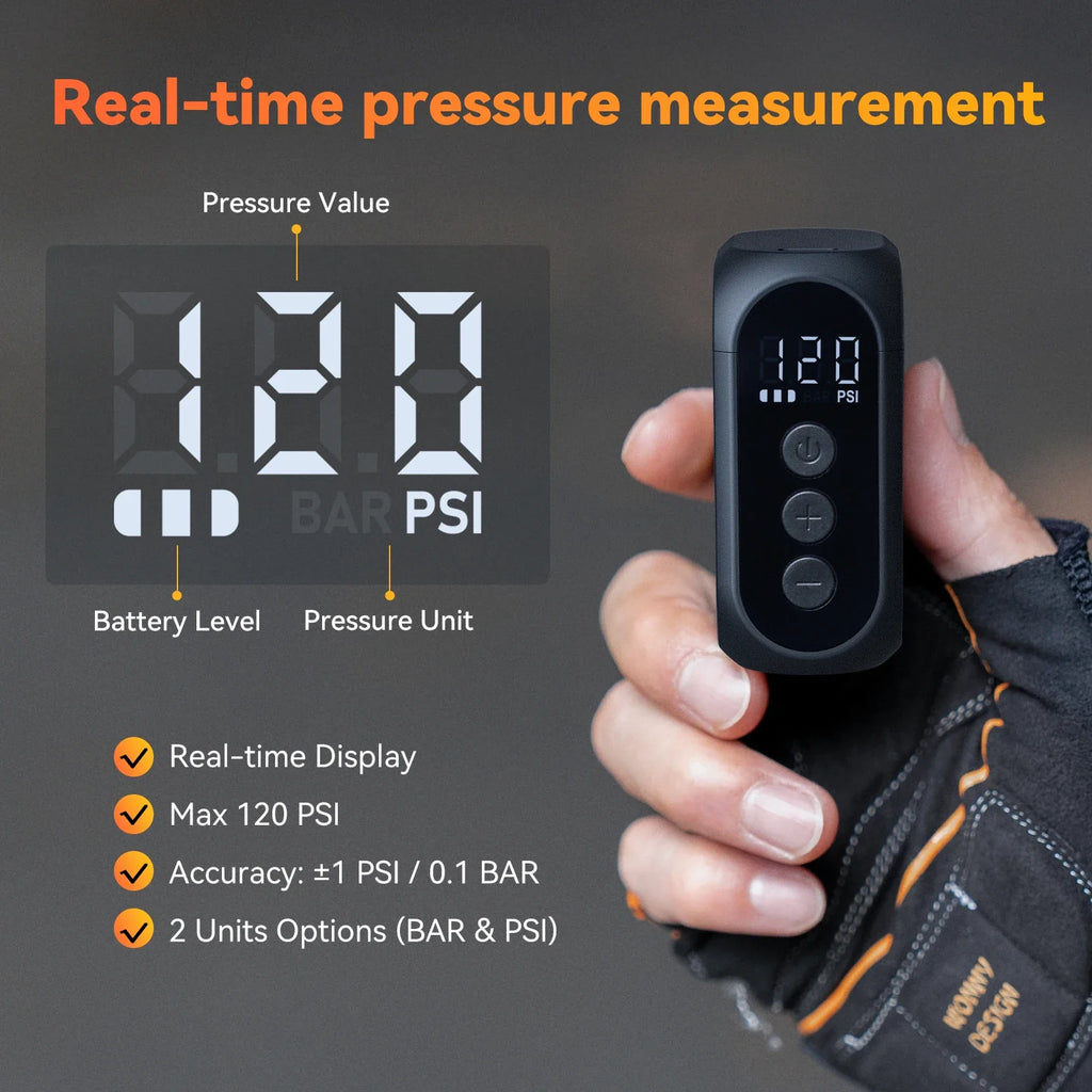 Mini Cordless Electric Bike Tire Inflator - Portable 120 PSI Pump with Digital Display & USB-C Fast Charge