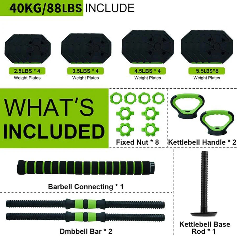 Adjustable 4‑in‑1 Dumbbell & Kettlebell Set 66/88 lb (30/40 kg) — Converts to Barbell & Push‑Up Handles for Home Gym