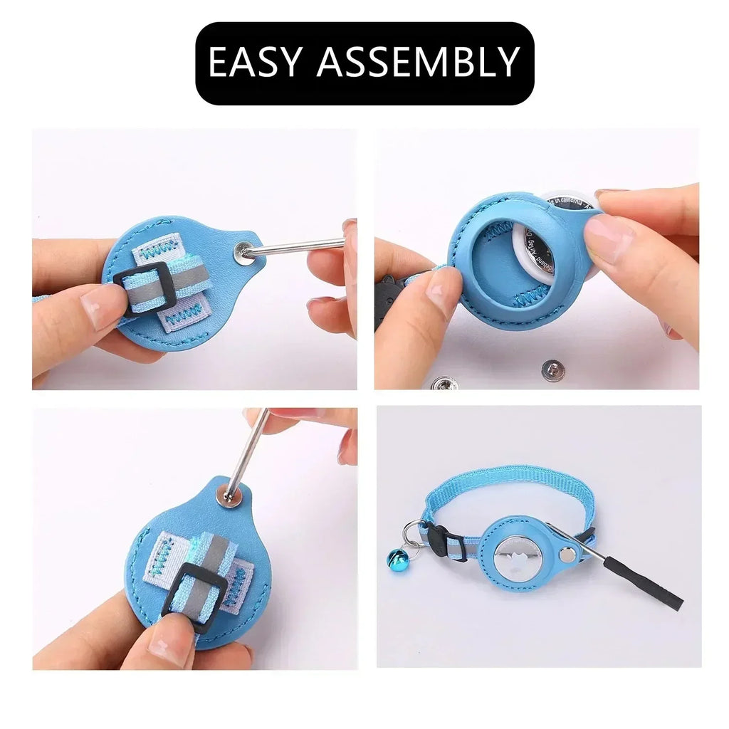 Adjustable Reflective Cat Collar with Tracker Case & Bell — Protective PU Holder for Bluetooth GPS Trackers, 22–34 cm (8.7–13.4 in)