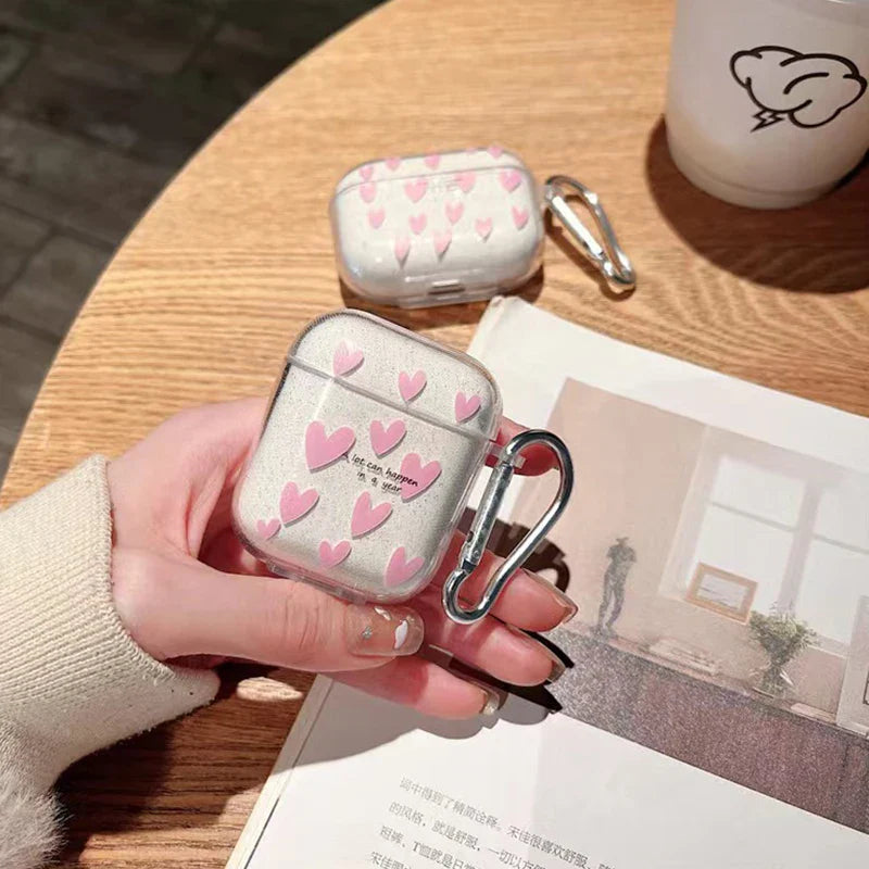 Glitter Heart Silicone Protective Case for Wireless Earbud Charging Case — Soft TPU Pink Cartoon Cover