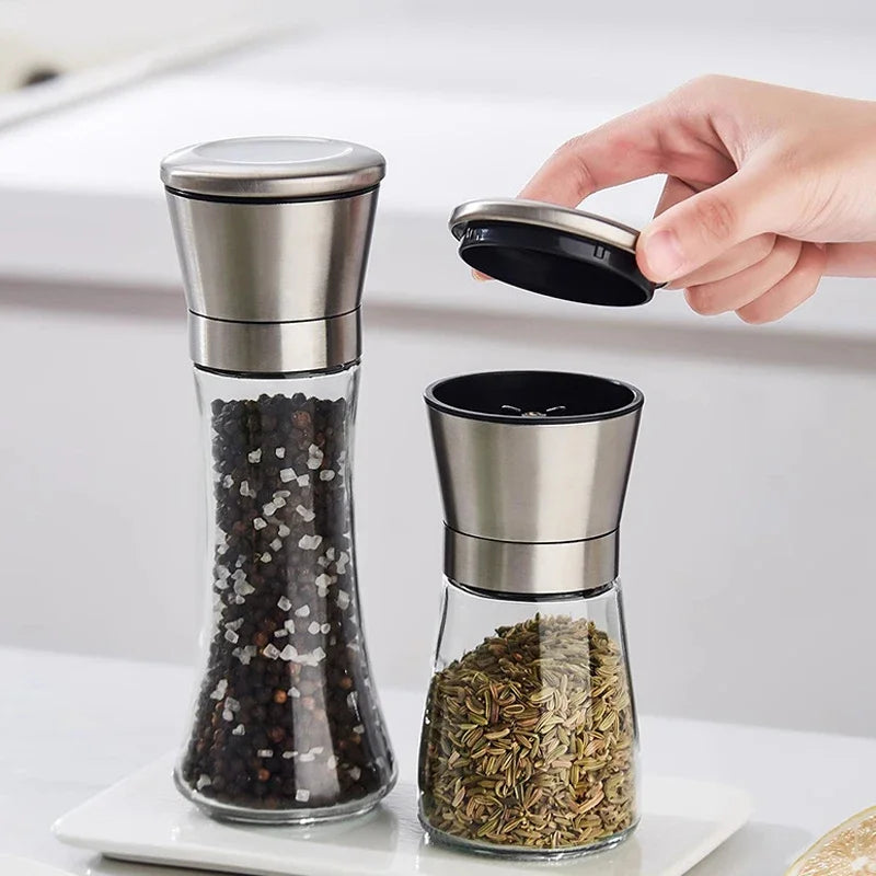 Stainless Steel Salt & Pepper Mill Set with Stand — Manual Adjustable Spice Grinder