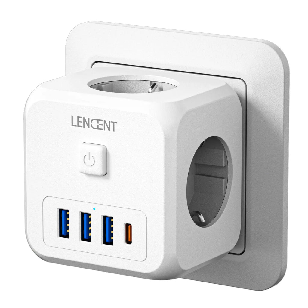 7-in-1 EU Wall Socket Extender - 3 AC Outlets, 3 USB-A & 1 USB-C with On/Off Switch
