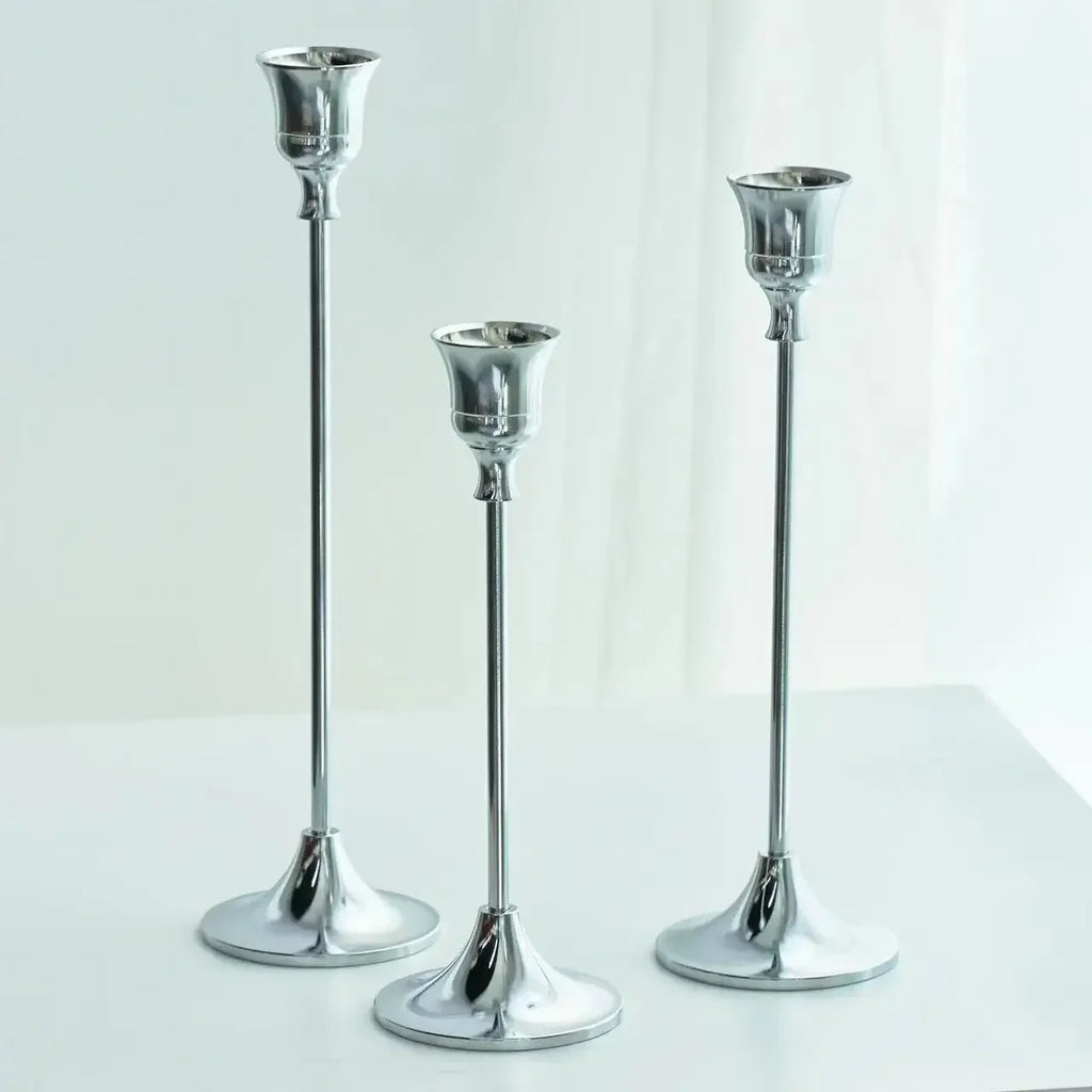3-Piece Brass Gold Candlestick Holder Set 5.9/7.3/9.3 in (15/18.5/23.5 cm) Taper Candle Stands for Wedding & Home Decor