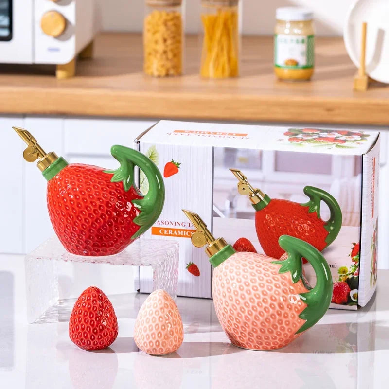 Ceramic Strawberry Oil & Vinegar Cruet - Fruit-Shaped Kitchen Seasoning Jar for Salt, Sugar, Soy Sauce
