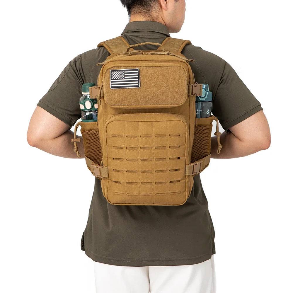 Tactical 25L Laser-Cut MOLLE Backpack - 900D Polyester Water-Resistant Daypack with Velcro Patch Panel, 15.7 x 9.8 x 9.8 in (40 x 25 x 25 cm)