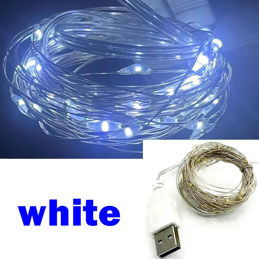 USB LED Fairy String Lights Copper or Silver Wire, Waterproof IP66, Multi-Color, 5/10/20 m (16/33/66 ft) USB Garland for Christmas Wedding Party