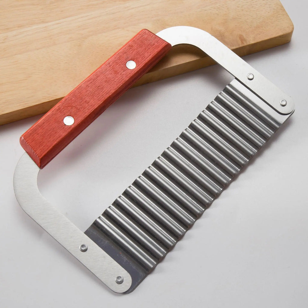Stainless Steel Wavy Blade Potato Crinkle Cutter with Wooden Handle - Potato Chip Slicer & Vegetable Chopper