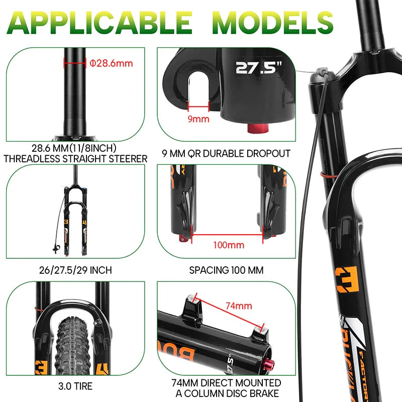 MTB Air Suspension Fork 140mm Travel (5.5in) - 26/27.5/29-inch Wheels - 9x100mm QR Axle - 34mm Stanchion, 28.6mm Steerer