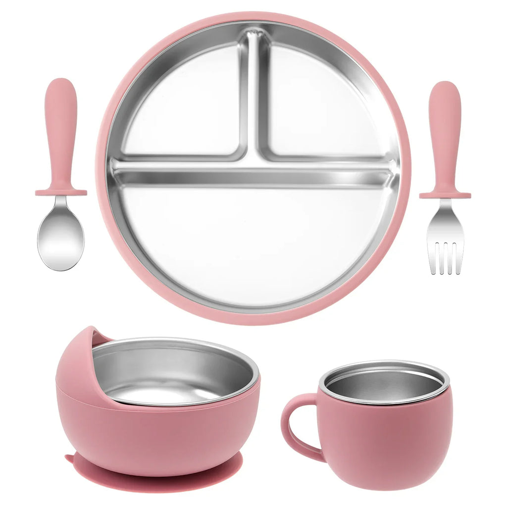 5-Piece Baby Feeding Set — Stainless Steel Plates & Utensils with Detachable Silicone Suction Bowl, BPA-Free Infant Fork Spoon Cup