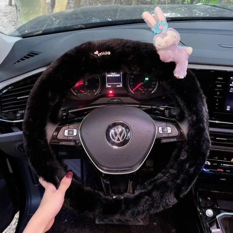 Cute Cartoon Fur Steering Wheel Cover Winter Warm Car Handle Cover for Women