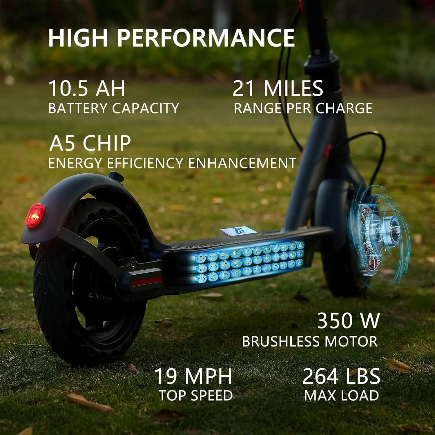 Foldable Electric Scooter 350W 36V, 21 Mile (34 km) Range, 19 MPH (30 km/h), 8.5-inch (216 mm) Tires, Disc Brake, App Control