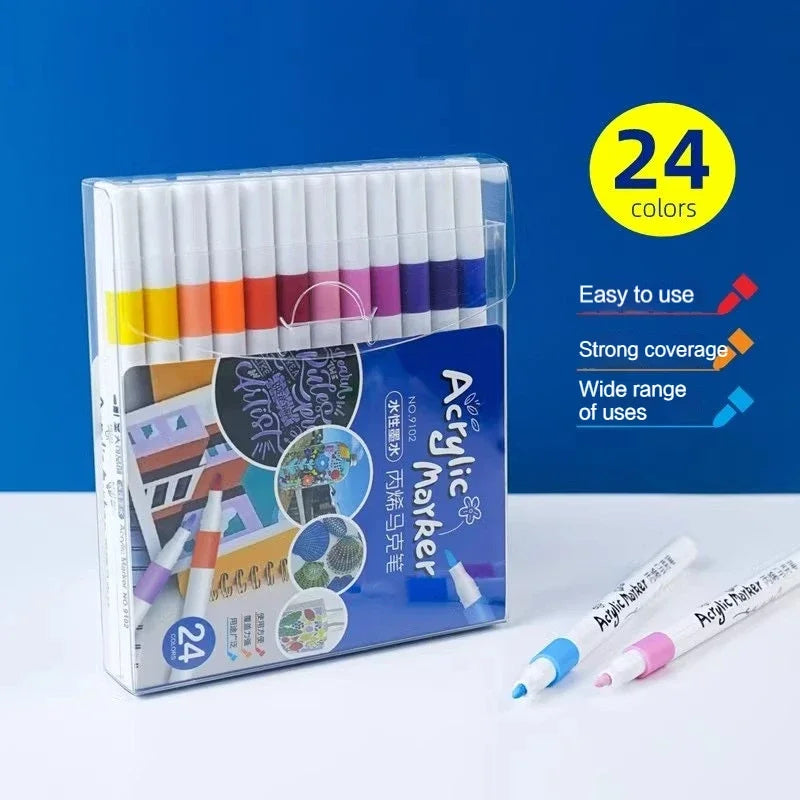 Acrylic Paint Marker Pens – 12/24/36/48/60 Color Sets in PVC Case | Quick-Dry Waterproof Soft Tip for Fabric, Ceramic, Glass, Wood, Stone