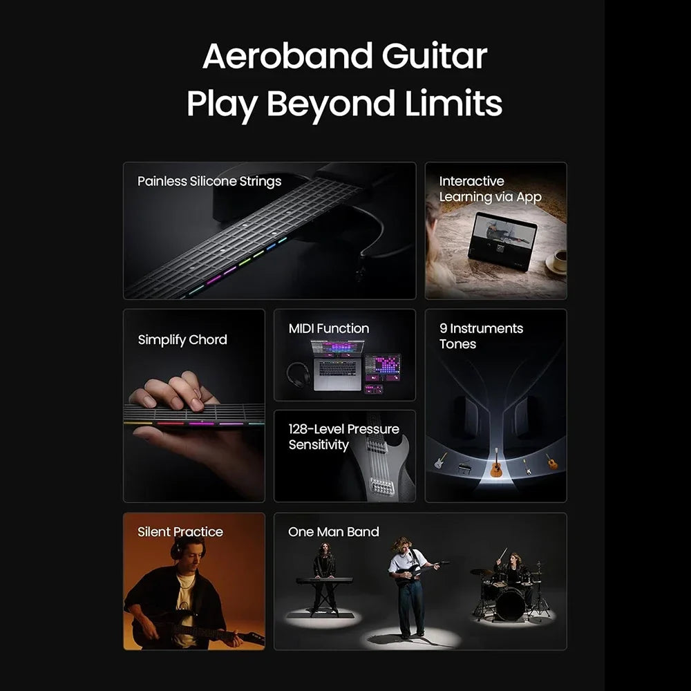 Smart Hybrid Portable Guitar – Pain-Free Silicone Strings, 9 Instrument Sounds (Electric, Acoustic, Bass, Ukulele), Built-in Speaker & Mic, MIDI Controller, 13,500mAh Battery