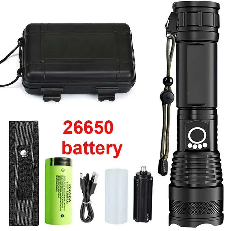 High-Power Rechargeable LED Tactical Flashlight, Aluminum Telescopic Zoom, USB-C, IPX65 Waterproof for Camping & Fishing