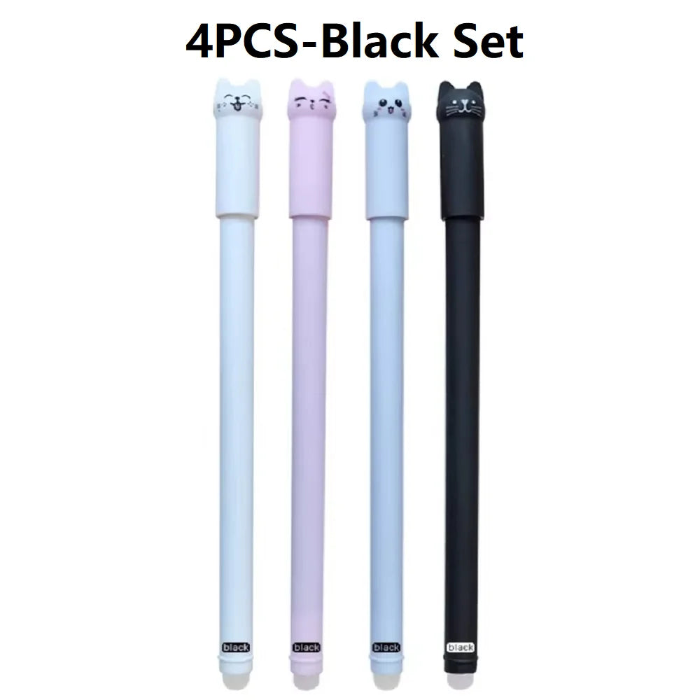 4/6/12-Pack Kawaii Cat Erasable Gel Pens 0.5mm Black & Blue Ink Refillable Cute School & Office Stationery