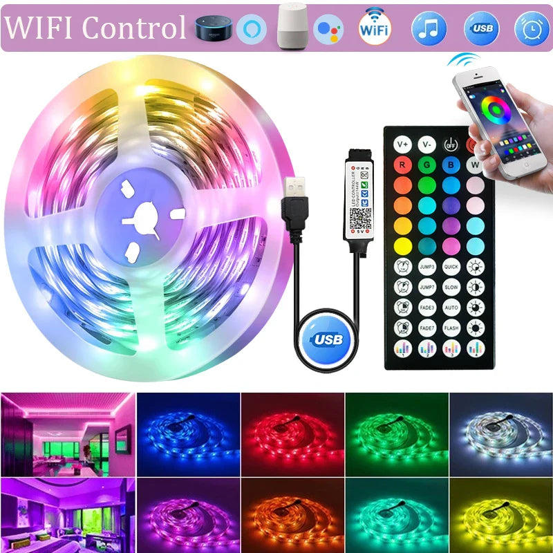WiFi USB 5050 RGB LED Strip Lights — Flexible RGB Tape for TV & PC Backlight, App & Voice Control, Available 1–20m (3.3–65.6 ft)