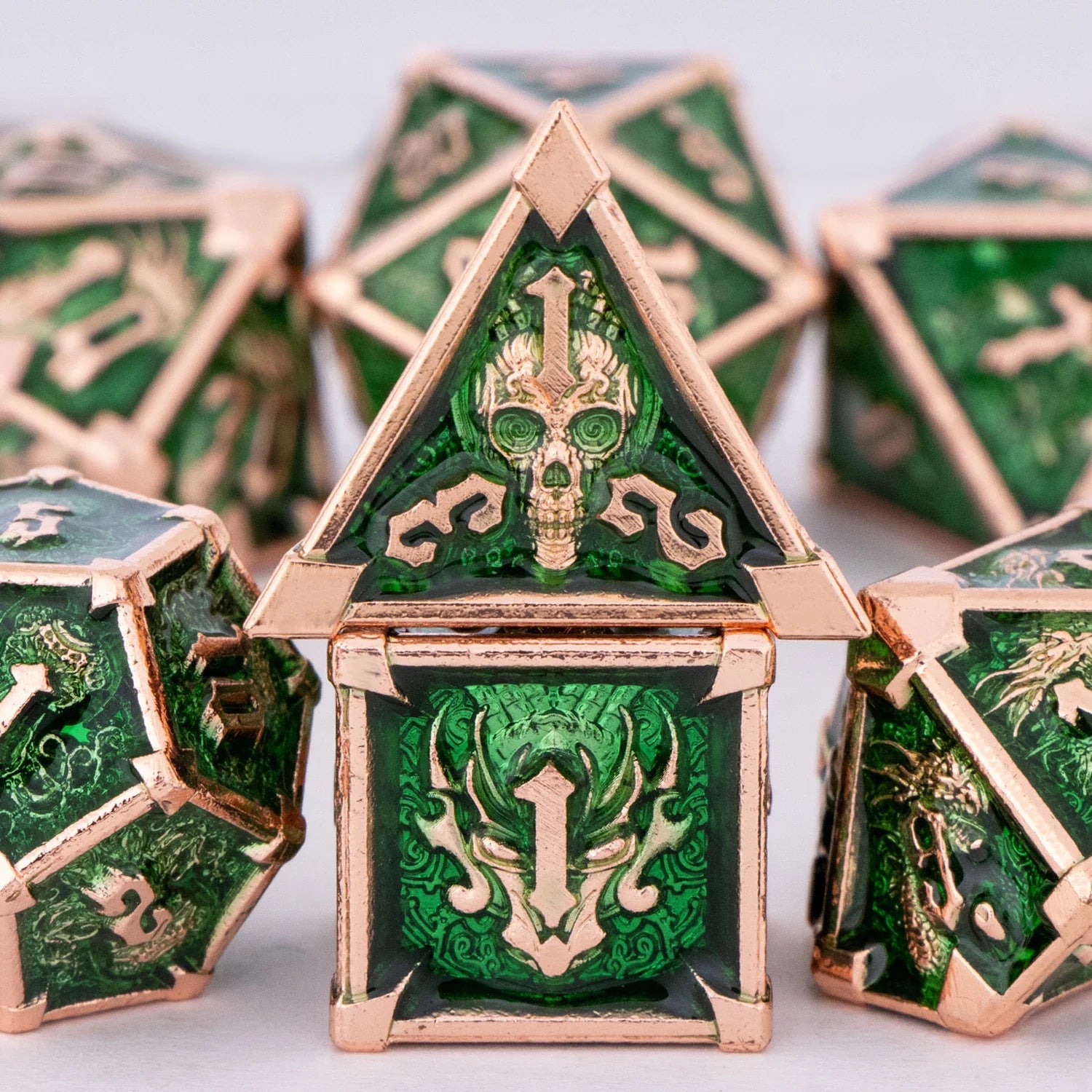 Skull and Dragon Metal Dice Set - 7-Piece Polyhedral DnD Dice for Dungeons & Dragons Tabletop RPG