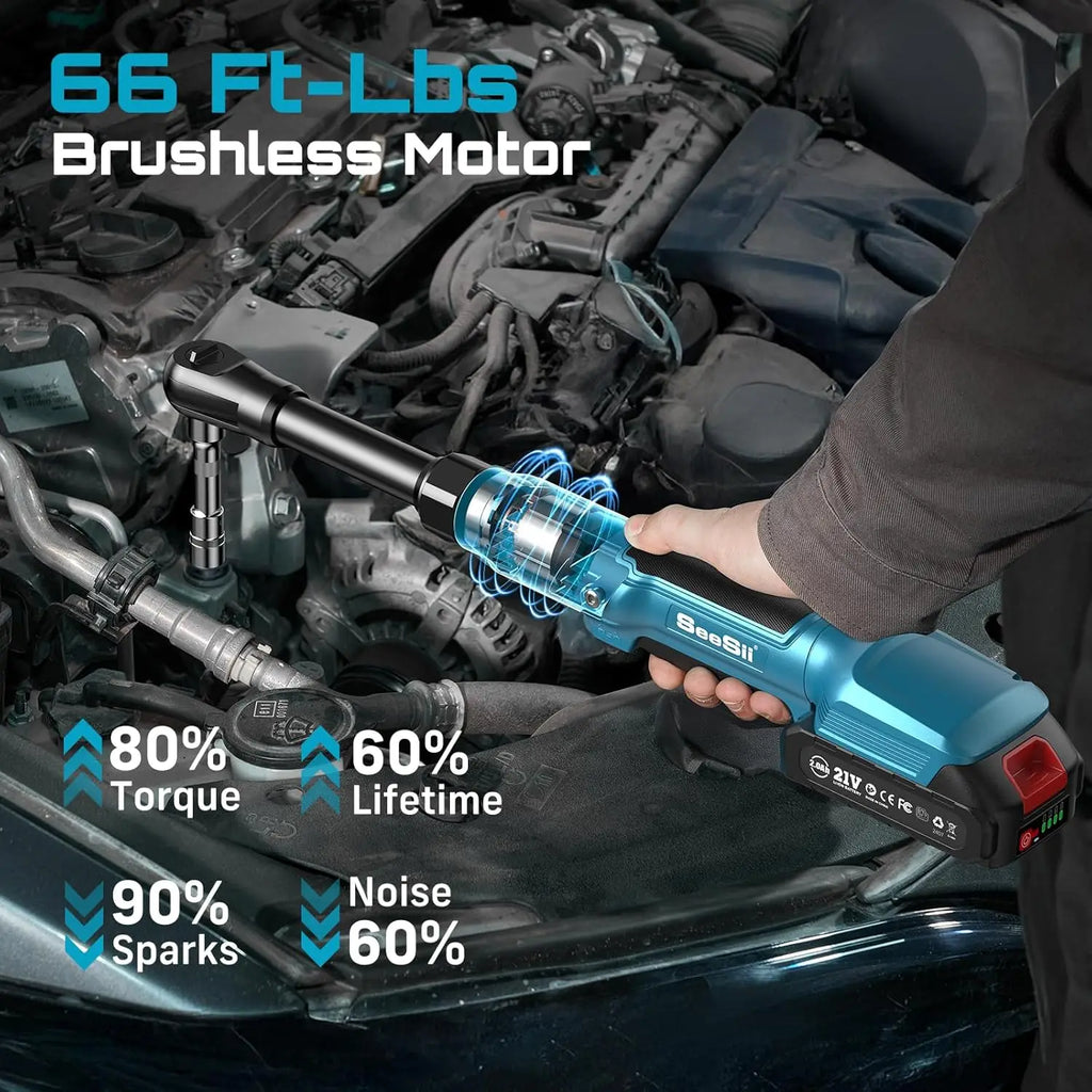 3/8" Cordless Electric Ratchet Wrench 21V Brushless 66 ft-lbs (89 Nm) Extended 4" Neck with 2 Batteries, Charger & Socket Kit