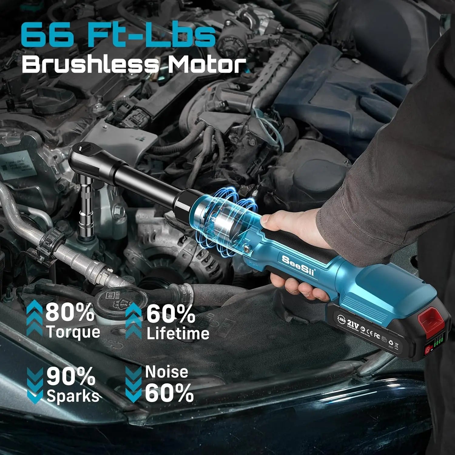 3/8" Cordless Electric Ratchet Wrench 21V Brushless 66 ft-lbs (89 Nm) Extended 4" Neck with 2 Batteries, Charger & Socket Kit