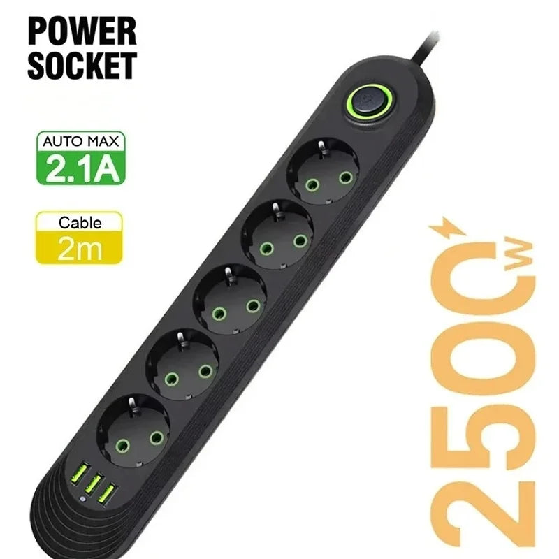 2500W EU Power Strip — 5-Outlet Extension Cord with 3 USB Ports, 2.0m (6.6ft) Cable, Overload Protection