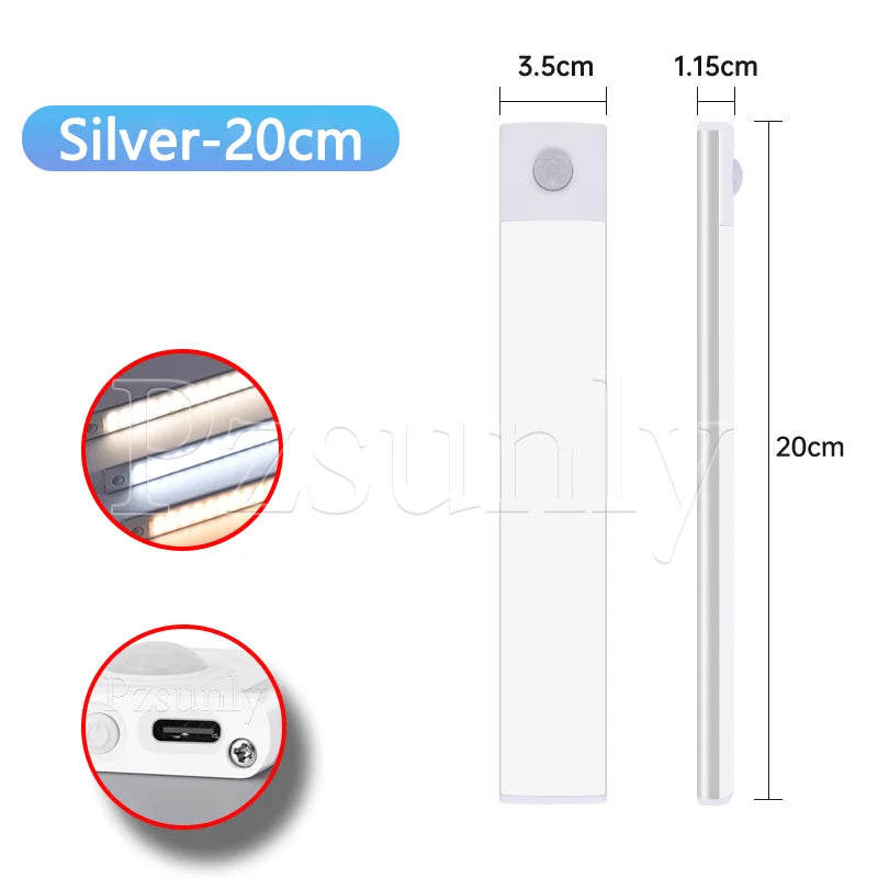 USB Rechargeable LED Motion Sensor Bar Light — Dimmable 3-Color Under-Cabinet Night Light, 10/20/30/40/50 cm (4–20 in)