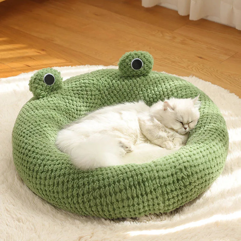 Frog-Shaped Semi-Enclosed Plush Pet Bed – Warm Cat House & Small Dog Den, Cozy Kitten Puppy Nest