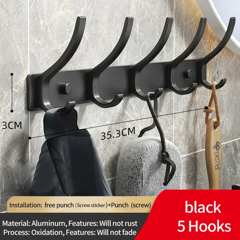 6-Peg Folding Wall Hooks – Aluminum Nail-Mount Towel & Coat Rack, Black/White
