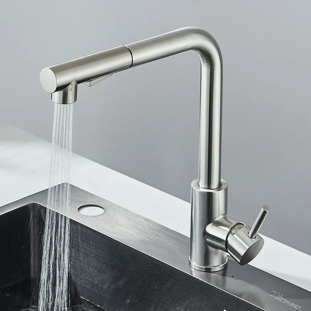Pull-Out Kitchen Faucet Single-Handle Deck-Mount, High-Pressure Retractable Spout with Dual Spray Modes — Hot & Cold (Brushed Nickel / Matte Black)