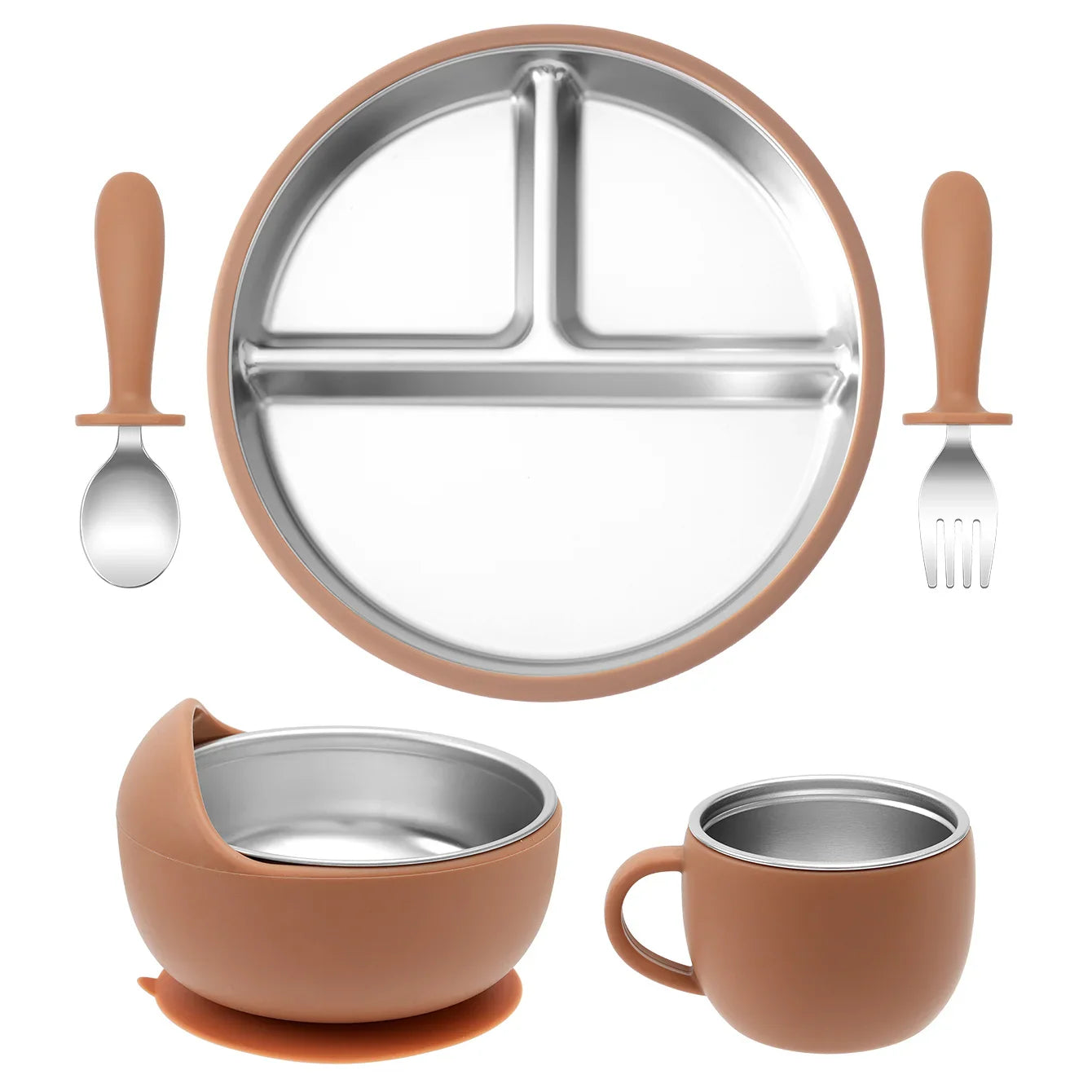 5-Piece Baby Feeding Set — Stainless Steel Plates & Utensils with Detachable Silicone Suction Bowl, BPA-Free Infant Fork Spoon Cup